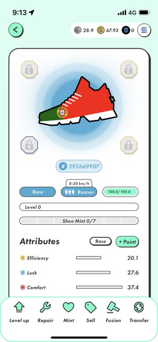 A sneaker NFT game interface shows a red shoe labeled 'Runner' with attributes Efficiency 20.1, Luck 27.6, and Comfort 37.4, at Level 0.