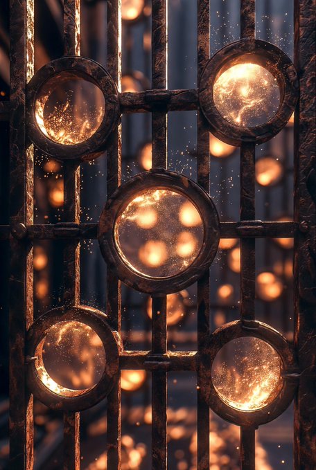 A close-up image of an ornate metal gate or structure with multiple circular glass or crystal elements glowing warmly from within against a dark background.