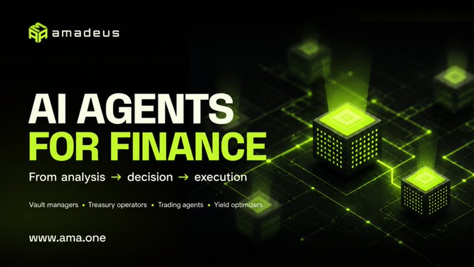 A promotional graphic for 'amadeus' advertising 'AI AGENTS FOR FINANCE' with the workflow 'From analysis → decision → execution,' targeting vault managers, treasury operators, trading agents, and yield optimizers at www.ama.one.