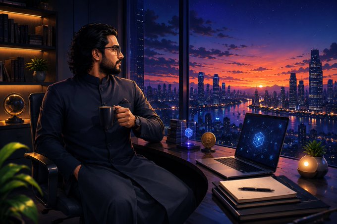 An illustrated scene of a man in traditional attire holding a coffee mug, sitting by a window overlooking a vibrant city skyline at sunset, with a laptop and glowing geometric objects on the desk.