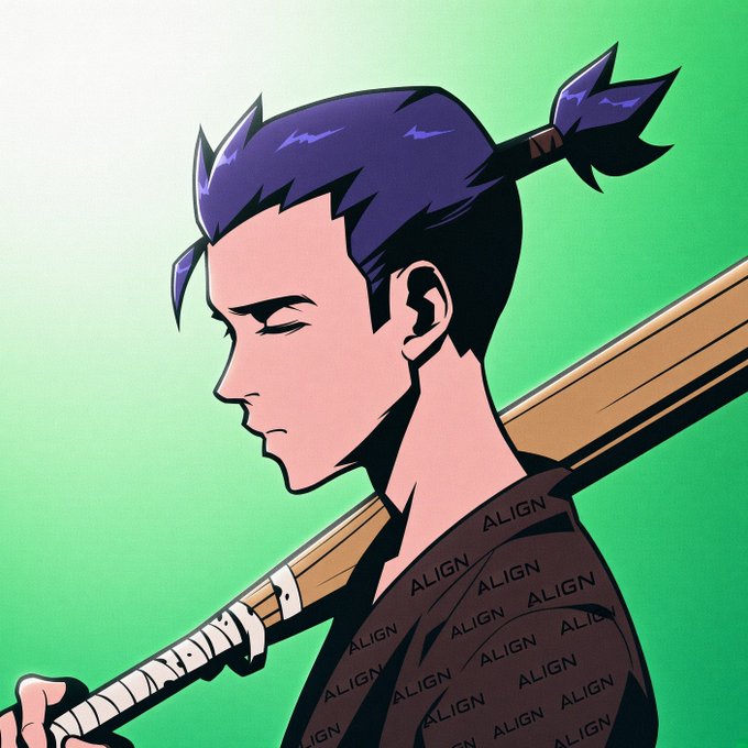 Anime-style illustration of a character with purple hair in a small ponytail, eyes closed, wearing a dark shirt patterned with the word 'ALIGN', carrying a wooden staff over his shoulder against a green background.