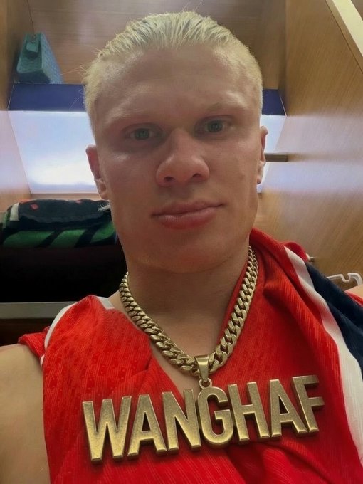 A blonde-haired man takes a selfie wearing a red jersey and a thick gold chain with a pendant that reads 'WANGHAF'.