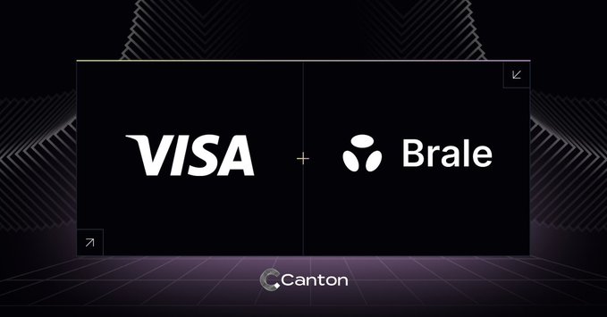 The image features a black background with two white logos, one for Visa and another for Brale. The text "Visa + Brale" is displayed below each logo, indicating that they are exploring stablecoin-based settlement using SBC on Canton.
