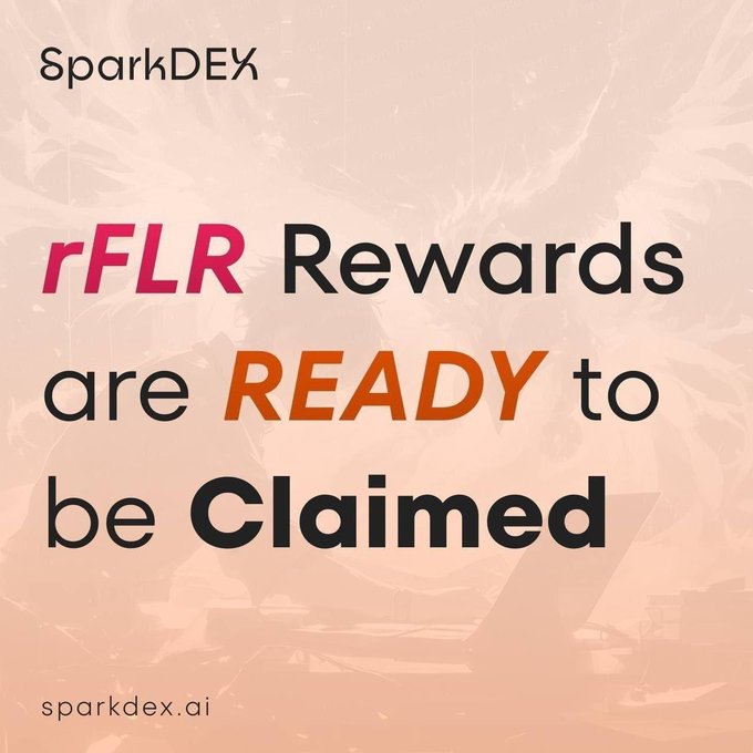 A promotional graphic for 'SparkDEX' with the text 'rFLR Rewards are READY to be Claimed' and the website 'sparkdex.ai' at the bottom.