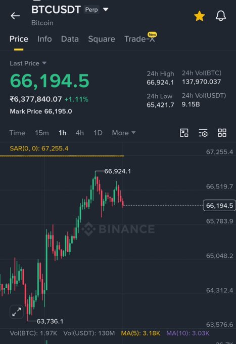 A Binance trading chart for BTCUSDT Perpetual shows Bitcoin's last price at 66,194.5 USDT (₹63,77,840.07), up 1.11%, with a 24-hour high of 66,924.1 that confirms it has not yet broken above the 67,000 mark.