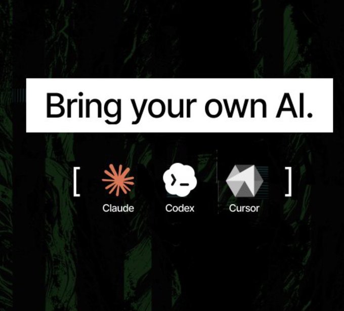 A dark promotional graphic with the text 'Bring your own AI.' displaying logos for Claude, Codex, and Cursor between brackets.