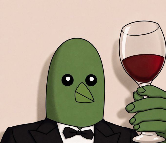 A dapper green bird character in a tuxedo raises a glass of red wine in a toast, paired with a bullish post about the $THROBBIN meme token suggesting it's "primed for an absolute send."