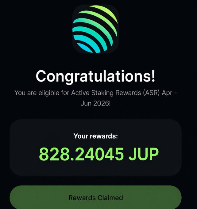 A Jupiter (JUP) app screenshot celebrating 828.24045 JUP in Active Staking Rewards (ASR) for Apr-Jun 2026, marked as 'Rewards Claimed'.