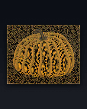 An artistic illustration of an orange pumpkin covered in black polka dots, displayed against a matching dotted background on a dark canvas.
