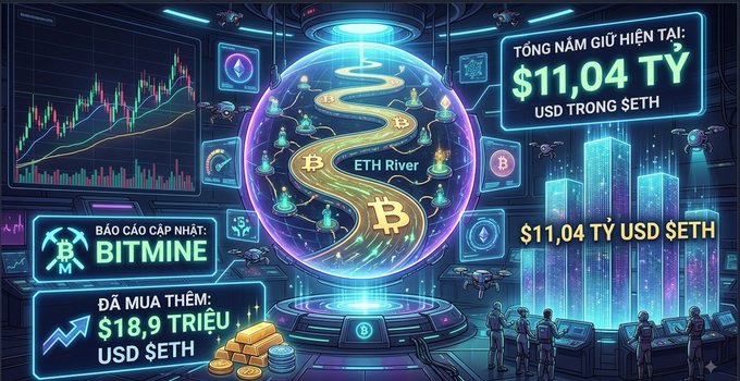 A colorful digital graphic displays cryptocurrency data, including the text 'BITMINE', 'ĐÃ MUA THÊM $18,9 TRIỆU USD $ETH', and 'TỔNG NĂM GIỮ HIỆN TẠI: $11,04 TỶ USD TRONG $ETH'.