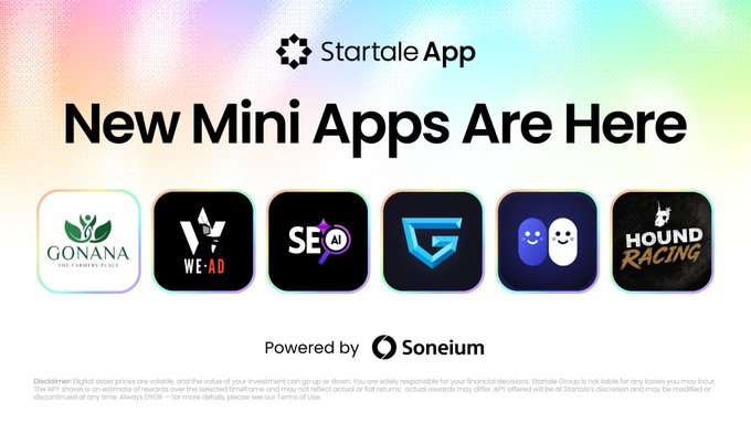 A Startale App promotional banner titled 'New Mini Apps Are Here' displaying six app icons including Gonana, WeAD, SE, a G logo, a chat app, and Hound Racing, powered by Soneium.