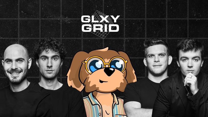 A promotional image for "Galaxy Grid" featuring the show's logo and a cartoon dog mascot flanked by four hosts in black-and-white portrait photos, teasing an upcoming episode with Trevor from Lighter_xyz discussing the Robinhood integration and the $LIT token.