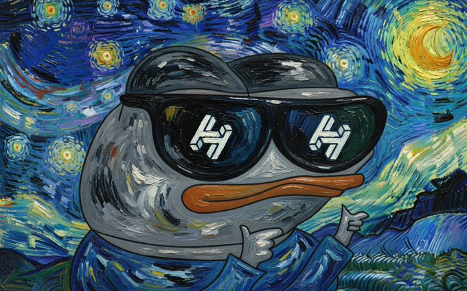 A cartoon duck character wearing sunglasses with the 'Ō' logo painted in the style of Van Gogh's 'Starry Night'.
