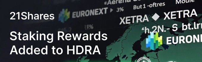 A dark graphic showing partial stock exchange text including 'EURONEXT', 'XETRA', and '21Shares Staking Rewards Added to HDRA' over a blurred background of trading data and a world map.