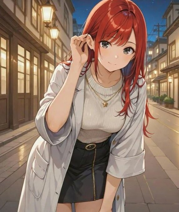 An anime-style illustration of a red-haired woman with blue eyes wearing a white coat and black skirt, smiling on a softly lit street at night.