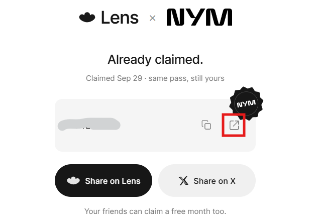 A Lens × NYM claim confirmation page showing "Already claimed." with a date of Sep 29, featuring share buttons for "Share on Lens" and "Share on X".
