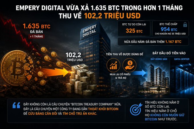 A Vietnamese infographic about Empery Digital selling 1,635 BTC in one month for $102.2 million, showing 325 BTC remaining and 954 BTC pledged as collateral.