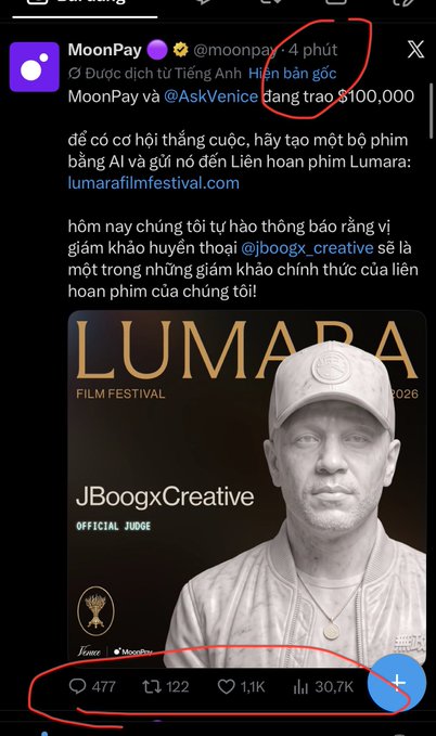 This Twitter post by MoonPay announces a $100,000 prize for an AI film festival and features JBoogxCreative as an official judge, reflecting the high engagement mentioned in the accompanying text.