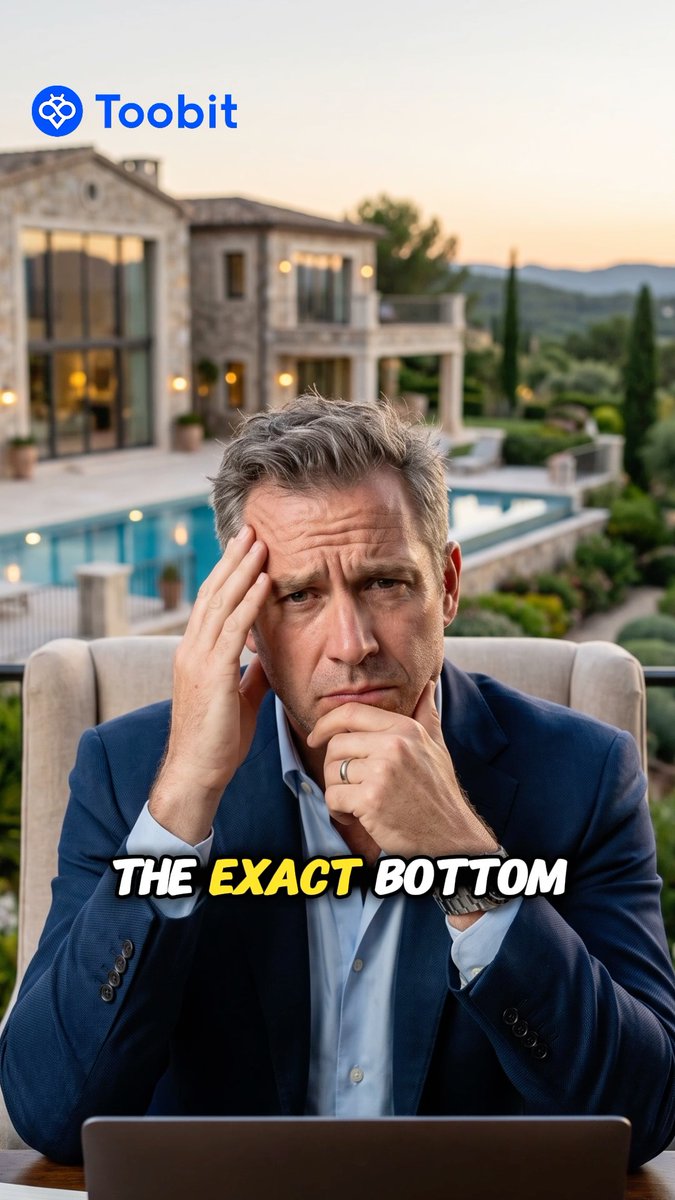A contemplative man in a blue blazer sits in front of a luxury villa with a pool, his hand pressed to his temple as he stares at his laptop. The "Toobit" logo appears at the top with the caption "THE EXACT BOTTOM," visually reinforcing the post's message about not needing to time market bottoms perfectly.