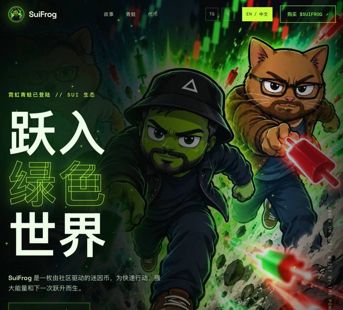 A promotional banner for 'SuiFrog' features cartoon characters including a green-skinned figure in a cap and a cat wearing glasses, with Chinese text '跃入绿色世界' and branding for the SUI ecosystem.