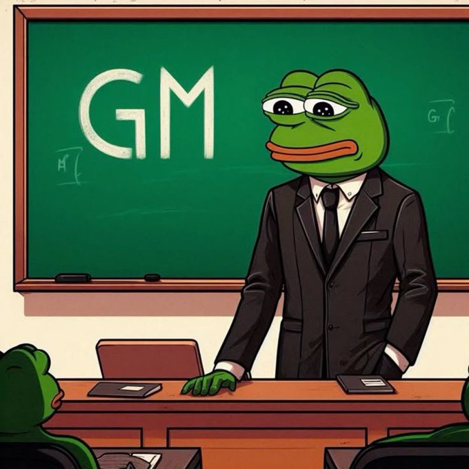 An illustration of a frog wearing a suit and tie standing in front of a chalkboard that says 'GM'.