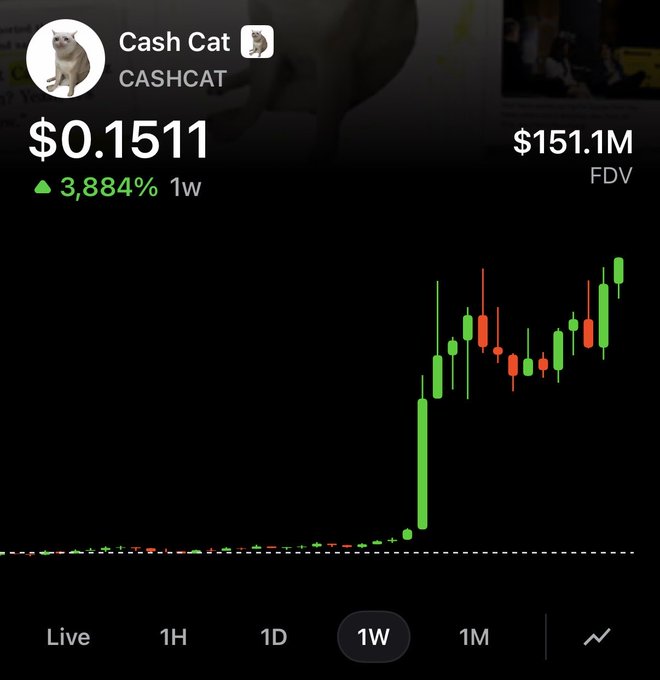 A cryptocurrency chart shows "Cash Cat" (ticker: $CASHCAT) trading at $0.1511 with a fully diluted valuation (FDV) of $151.1M, posting a 3,884% gain over the past week on the 1W timeframe as the candlestick pattern displays a dramatic upward surge, consistent with the post's claim of a new all-time high (ATH).