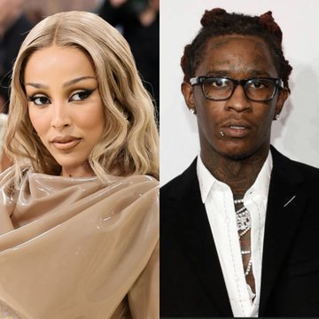A side-by-side photo of two celebrities, a blonde woman in a tan outfit on the left and a man with dreadlocks wearing glasses on the right.