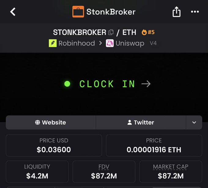 A screenshot of the StonkBroker crypto platform displaying the $STONKBROKER token paired with ETH on Uniswap V4 via Robinhood, showing a price of $0.03600 (0.00001916 ETH), liquidity of $4.2M, and market cap/FDV of $87.2M, with a "CLOCK IN →" button prominently featured that corresponds to the highlighted @clockincoin project mentioned in the post.