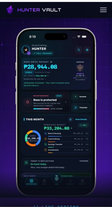 A mobile app screenshot of 'HUNTER VAULT' showing a 'Full Tracker' dashboard with a 'Safe Until Payday' balance of ₱28,944.08, monthly budget tracking of ₱33,204.08, and a dark blue UI design.