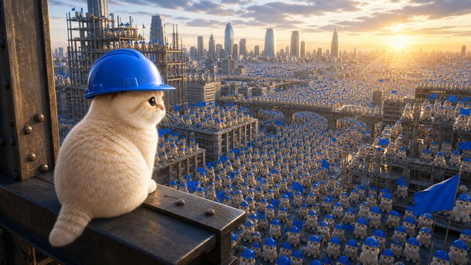 A cat in a blue hard hat overlooks a vast city crowded with cats, towers, and blue flags at sunset. The scene visualizes the post’s progression from “one cat became an army” to “the army became a city,” with the ticker “$BASECAT” marking the growing cat community.