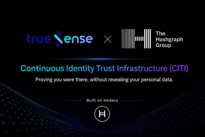 The image features a black background with white text related to the patent filed by Hashgraph Group and Truesense. The main title of the image reads "The Hashgraph Group ( @Hedera ) and Truesense have filed a patent for a new identity system built on @Hedera. It can prove you were at a specific place and time, without revealing your personal data."