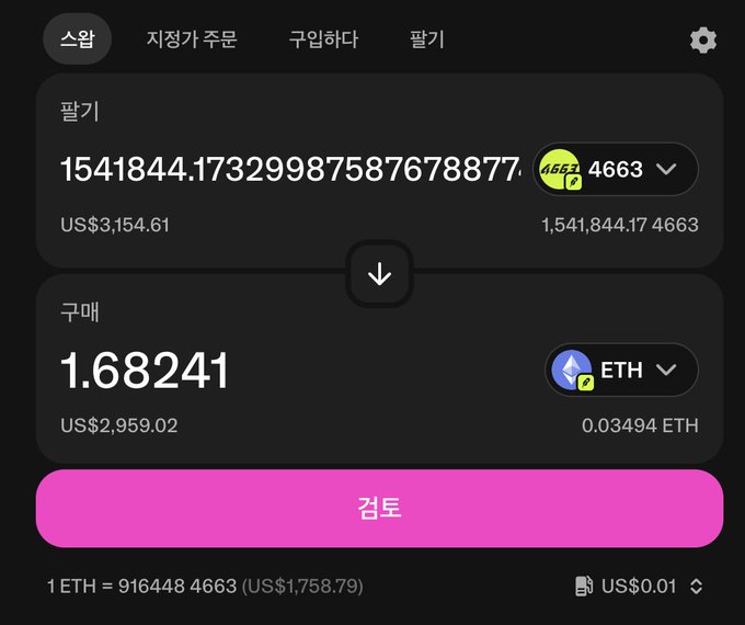 The image shows a cryptocurrency swap interface in Korean, exchanging 1,541,844.17 4663 tokens (a Robinhood Chain native token, valued at US$3,154.61) for 1.68241 ETH (worth US$2,959.02), with a current rate of 1 ETH = 916448 4663 ($1,758.79). This visually confirms the post's claim about 4663 being Robinhood Chain's chain ID and representing the ticker "HOOD" on a T9 keypad.