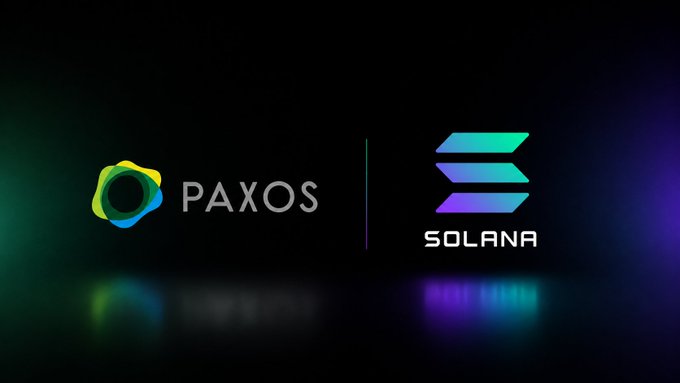 The image displays the Paxos and Solana logos side by side on a dark background, visually representing the partnership that brings PAXG (Paxos Gold) to the Solana blockchain via the Sunrise aggregator.