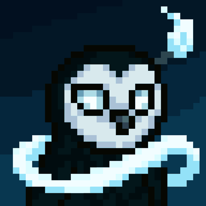 A pixel art illustration of a pale blue and white ghost-like character with large eyes and a small flame floating above its head against a dark blue background.