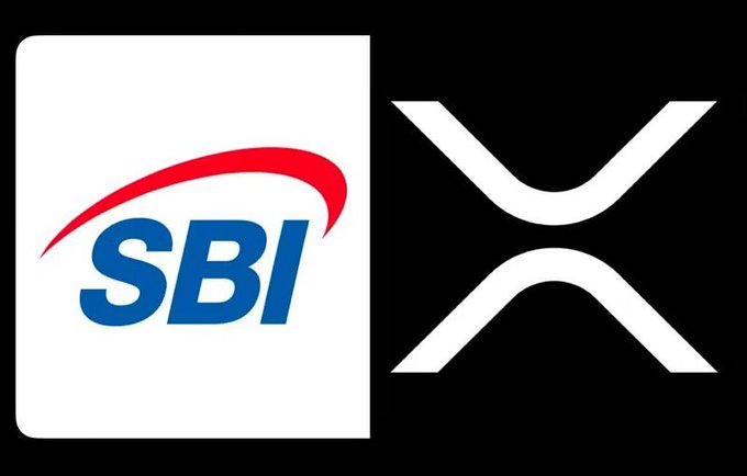 The image displays the SBI logo alongside the XRP logo, visually linking SBI Holdings' reported $41.2 billion exposure to Ripple's $XRP cryptocurrency amid the recent price slump.
