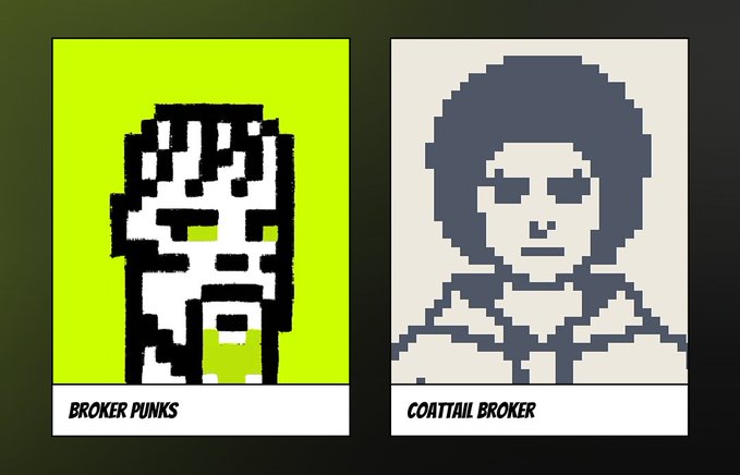 The image displays two side-by-side pixel art portraits labeled "BROKER PUNKS" (left, featuring a yellow-clad figure on a green background) and "COATTAIL BROKER" (right, showing a person with an afro on a cream background), announcing a collaboration giveaway between the two NFT projects.