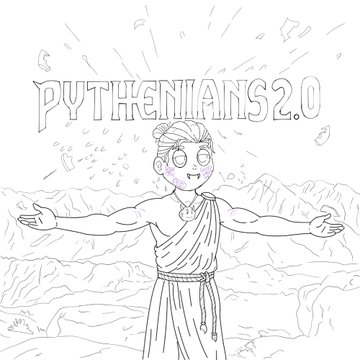 A black-and-white line drawing shows a smiling character in a Greek-style tunic with arms outstretched, with the text 'PYTHENIANS 2.0' displayed prominently above.