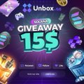 An Unbox giveaway promotional image offering '15$' in cash, displayed with colorful gift icons.