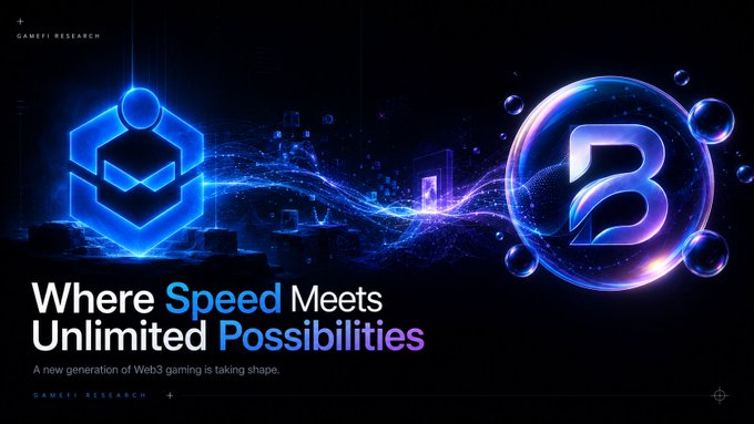 A Web3 gaming promotional banner by GAMEFI RESEARCH reading 'Where Speed Meets Unlimited Possibilities' with 'A new generation of Web3 gaming is taking shape', featuring a hexagonal icon and a stylized 'B' logo.