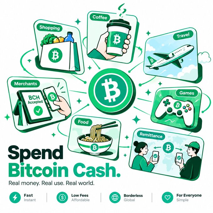 An infographic titled 'Spend Bitcoin Cash. Real money. Real use. Real world.' displays six categories—Shopping, Coffee, Travel, Merchants, Games, Food, and Remittance—with the BCH logo in the center and features listed: Fast, Low Fees, Borderless, and For Everyone.