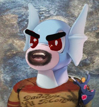 A blue, cartoonish aquatic character with an angry expression and sharp teeth appears in the image, wearing a yellow shirt that reads "Daddy's Lil Monster" alongside what appears to be a miniature Naruto character on the shoulder. The aggressive, monstrous look fits the post's introduction of "Drifella2," a menacing shark-like persona greeting whales in the NFT community.