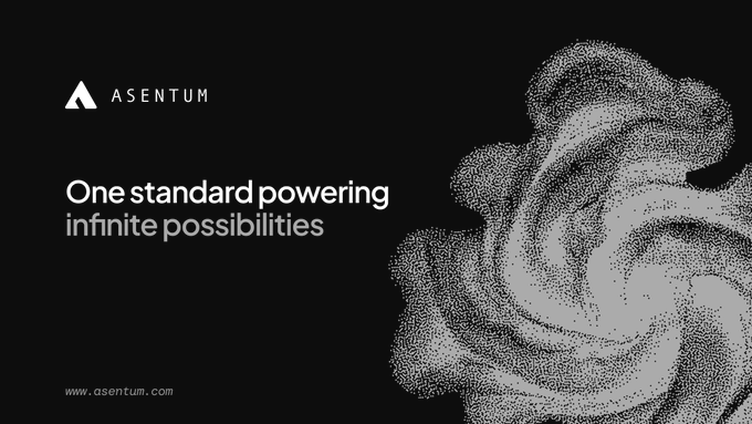 Asentum brand presentation slide with logo and tagline 'One standard powering infinite possibilities' alongside www.asentum.com, featuring abstract particle artwork.
