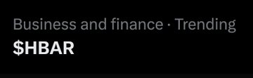 A black screen displaying the text 'Business and finance · Trending' above the cryptocurrency ticker '$HBAR'.