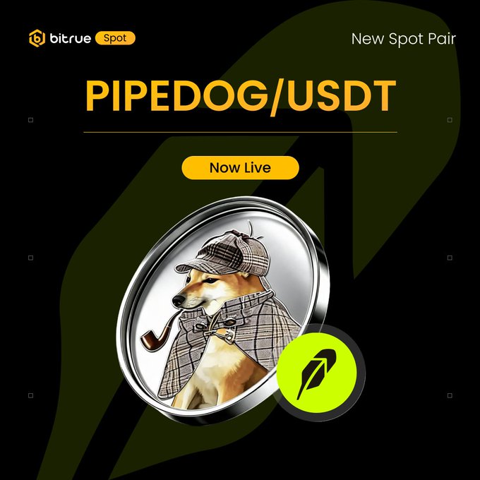Bitrue announces the launch of its new PIPEDOG/USDT spot trading pair, featuring a Sherlock Holmes-style dog mascot on a coin alongside a "Now Live" badge.