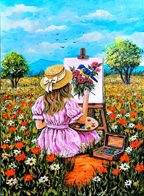 A colorful illustration depicting a girl in a pink dress and straw hat sitting in a field of red and white flowers, painting birds and flowers on an easel.