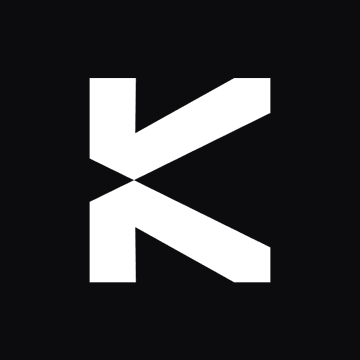 A minimalist black logo featuring a white stylized 'K' made of two opposing arrows on a black square background.