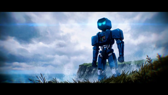 A 3D-rendered blue robot stands on a grassy cliff overlooking a misty landscape beneath a dramatic cloudy sky with lens flare.