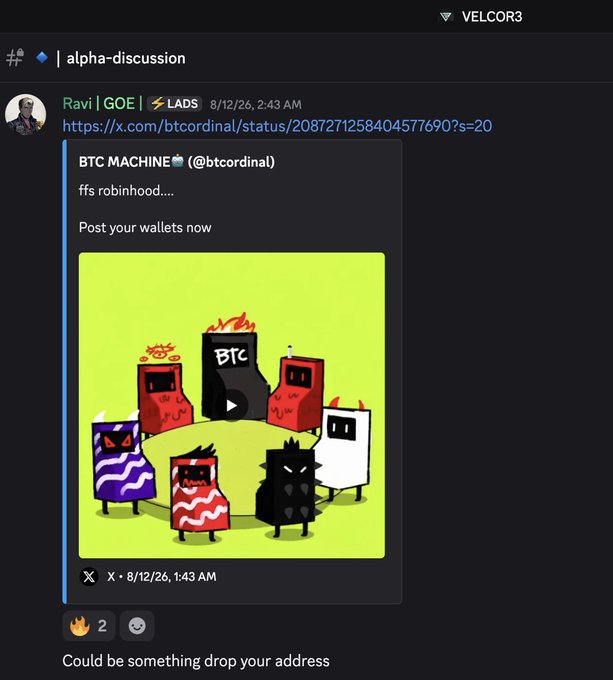 A Discord message in the '#alpha-discussion' channel shares a tweet from 'BTC MACHINE (@btcordinal)' with the caption 'ffs robinhood.... Post your wallets now' alongside a cartoon image of robot characters around a 'BTC' laptop.