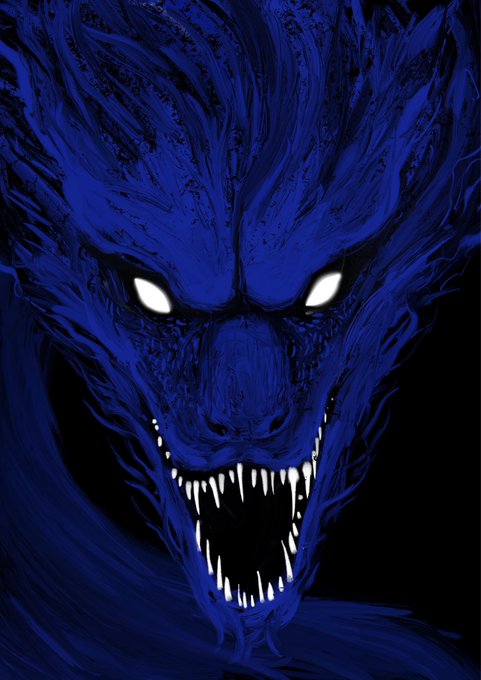 A fearsome blue dragon with glowing white eyes and sharp fangs snarls against a black background, directly matching the "Blue Dragon" NFT being promoted.