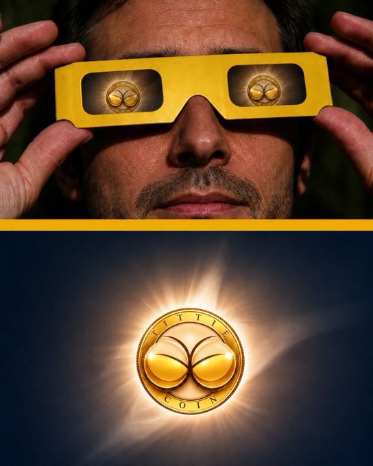A close-up image of a man holding yellow 'Little Coin' branded solar eclipse glasses over his eyes, with the bottom half showing a close-up of the glowing 'LITTLE COIN' logo against a dark blue sky.